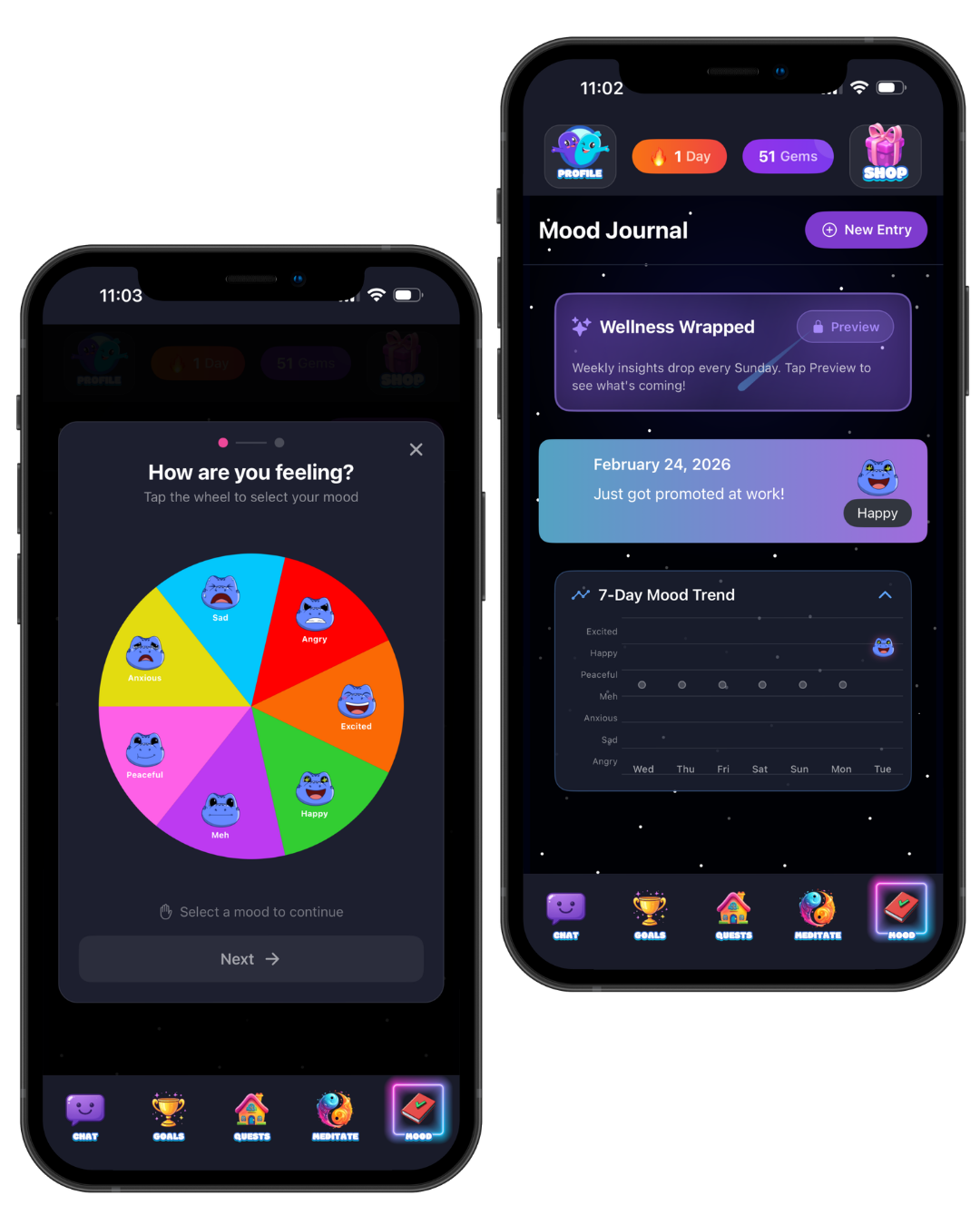 PeacePal mood tracking feature screenshot