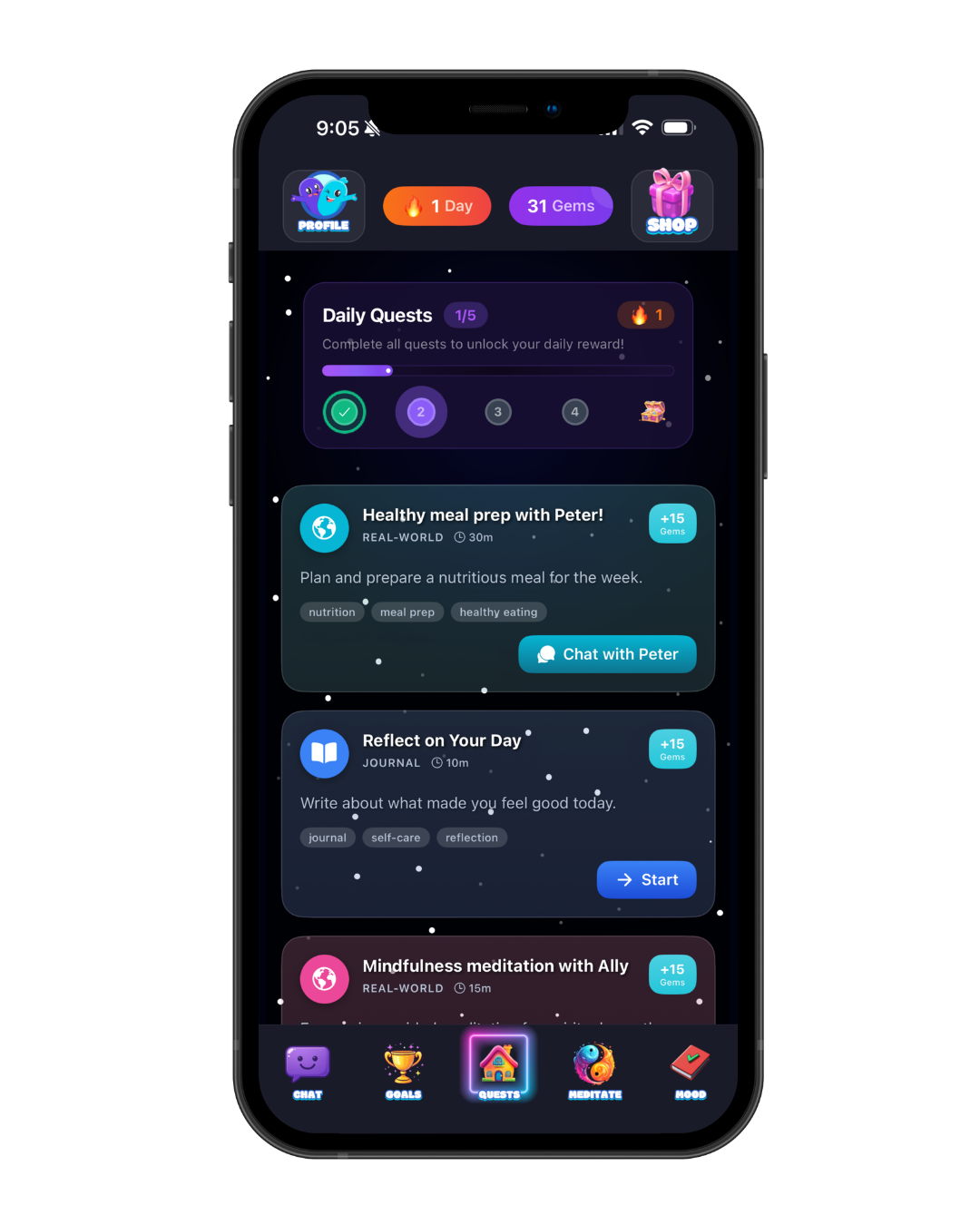 PeacePal personalized quests feature screenshot